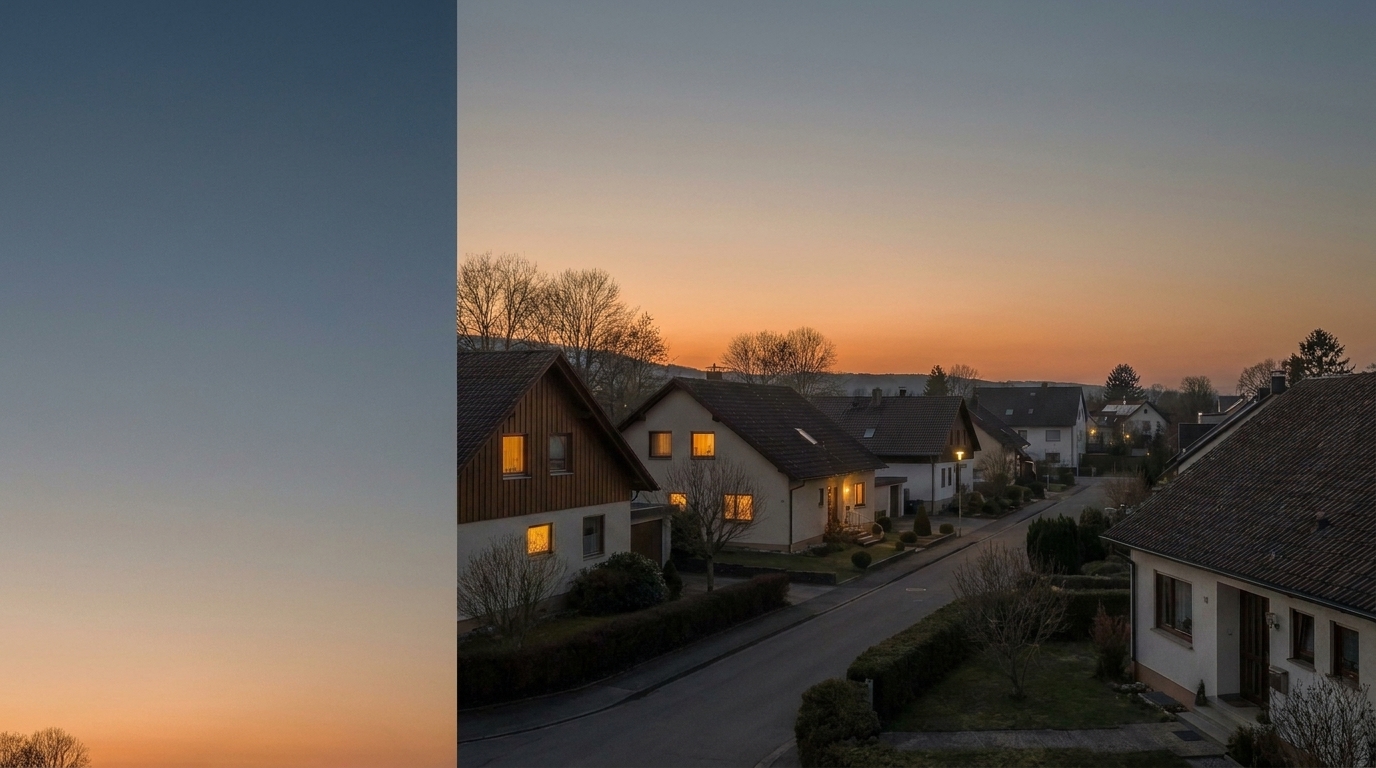 Wohnstraße mit Einfamilienhäusern in Südbaden in der Abenddämmerung