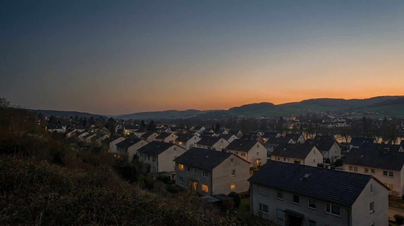 Siedlung aus den 60er- und 70er-Jahren in der Abenddämmerung, nur wenige Fenster beleuchtet