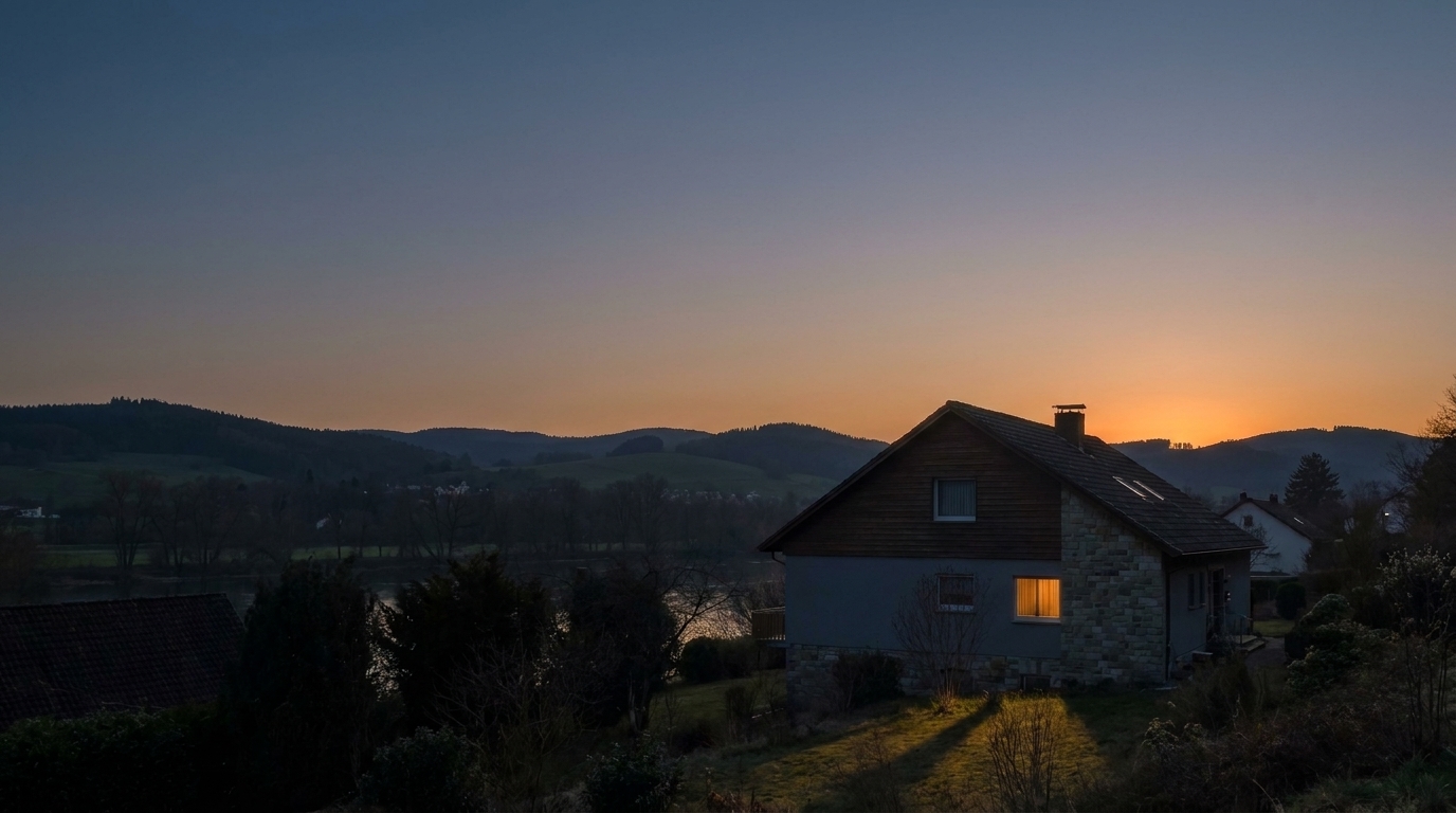 Einfamilienhaus im letzten Abendlicht vor den Hügeln des Schwarzwalds