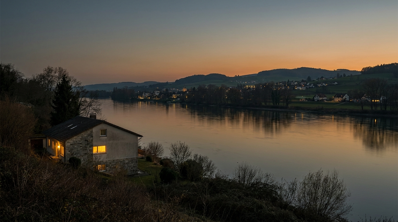 Haus am deutschen Rheinufer in der Abenddämmerung, gegenüber die Lichter eines Schweizer Dorfs
